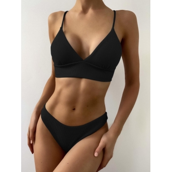 ZAFUL Ribbed Bralette Bikini Set S Black