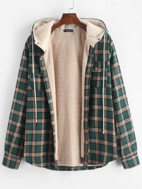 ZAFUL Men's Fuzzy Flannel Plaid Chest Pocket Fleece Drawstring Hooded Vintage Jacket L Medium sea green