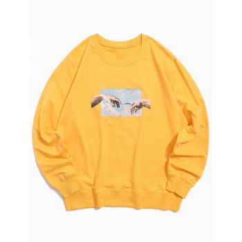 ZAFUL Men's Crewneck Helping Hands Vintage Pattern Casual Sweatshirt L Yellow