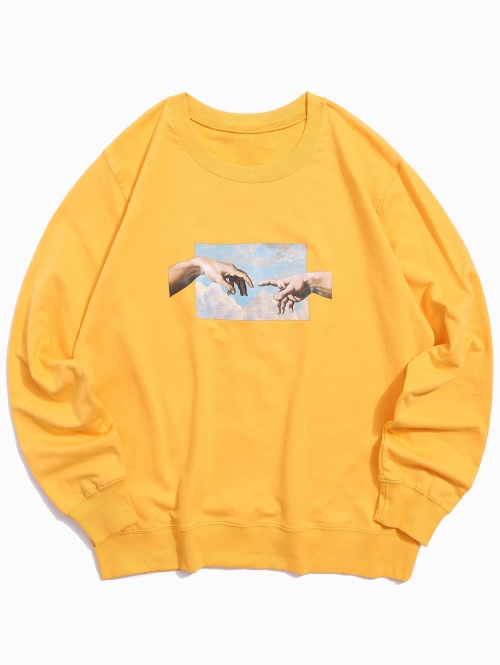 ZAFUL Men's Crewneck Helping Hands Vintage Pattern Casual Sweatshirt L Yellow