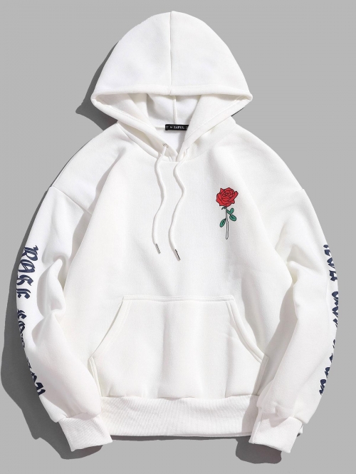 ZAFUL Men's Rose Letter Fleece Kangaroo Pocket Pullover Hoodie 2xl White