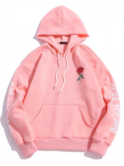 ZAFUL Men's Rose Letter Fleece Kangaroo Pocket Pullover Hoodie Xl Pink