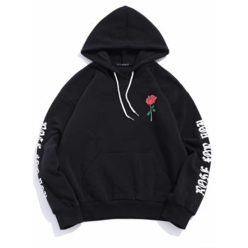 ZAFUL Men's Rose Letter Fleece Kangaroo Pocket Pullover Hoodie L Black