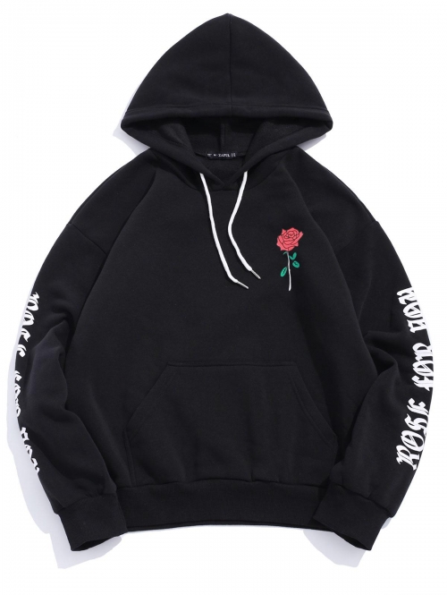 ZAFUL Men's Rose Letter Fleece Kangaroo Pocket Pullover Hoodie L Black