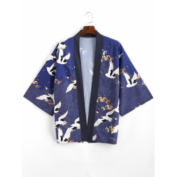 ZAFUL Men's Flying Crane Sea Waves Print Open Front Kimono Cardigan Xl Lapis blue