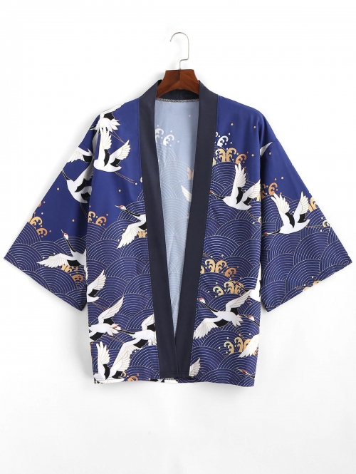 ZAFUL Men's Flying Crane Sea Waves Print Open Front Kimono Cardigan Xl Lapis blue