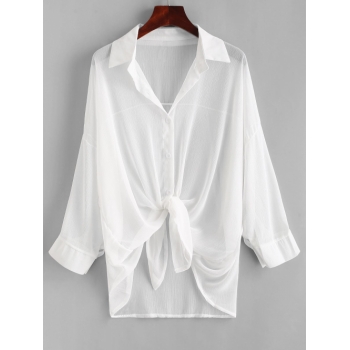 Women Beach Button Up Drop Shoulder Cover Up White