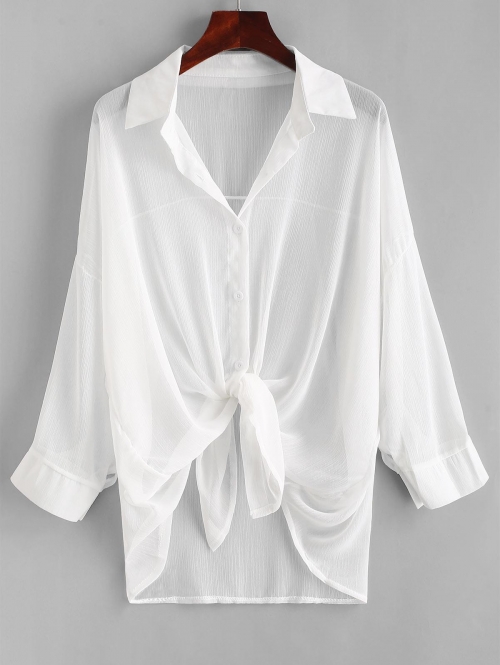 Women Beach Button Up Drop Shoulder Cover Up White