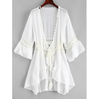 Pom-pom Crochet Panel Boho Cover Up Beach Dress White