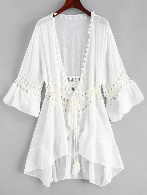 Pom-pom Crochet Panel Boho Cover Up Beach Dress White