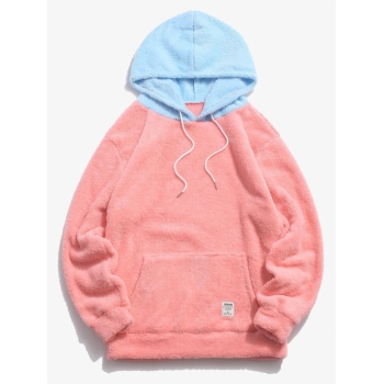 ZAFUL Men's Colorblock Splicing Drawstring Fluffy Fleece Hoodie 2xl Light pink