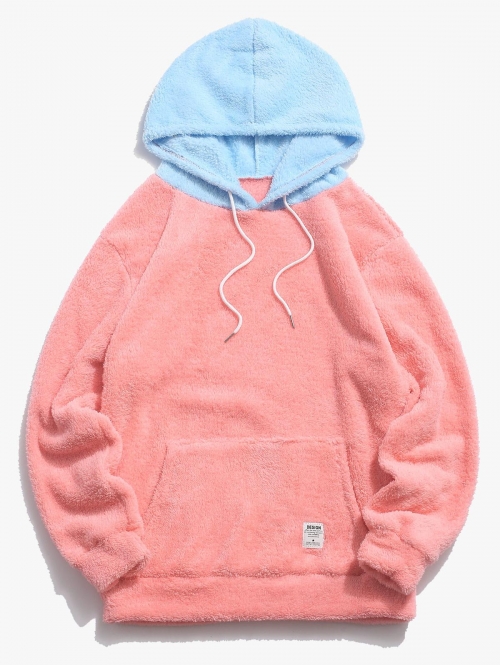 ZAFUL Men's Colorblock Splicing Drawstring Fluffy Fleece Hoodie 2xl Light pink