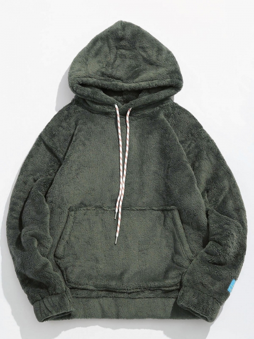 ZAFUL Men's Solid Pouch Pocket Fleece Fluffy Hoodie Xs Army green