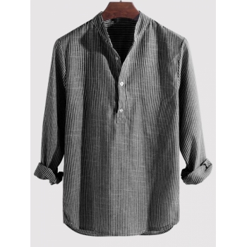 ZAFUL Men's Striped Print Half Button Kurta Long Sleeve Pullover Shirt 4xl Gray