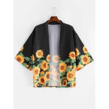 Sunflower Print Beach Vacation Kimono Cardigan