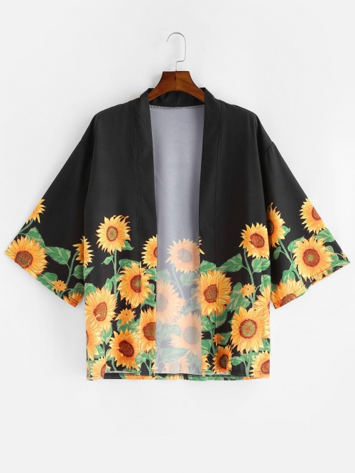 Sunflower Print Beach Vacation Kimono Cardigan