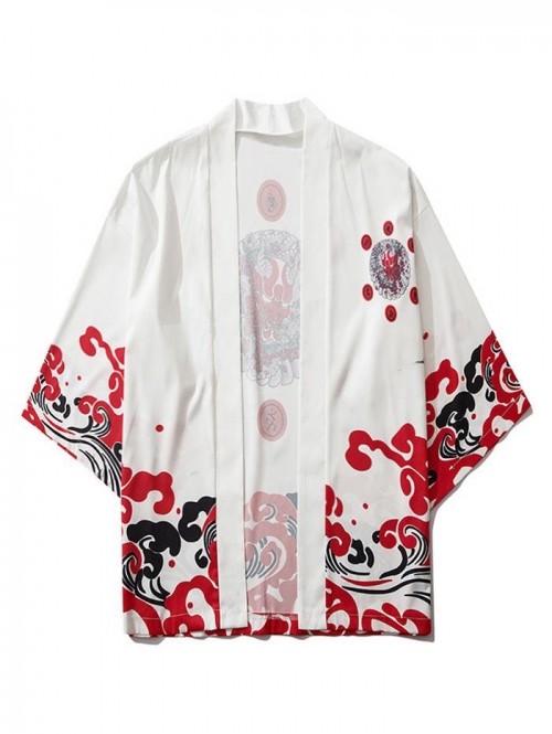 ZAFUL Men's Open Front Oriental Printed Kimono Cardigan Xl White