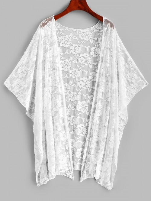 Women Beach Batwing Sleeve Lace Beach Cover Up White