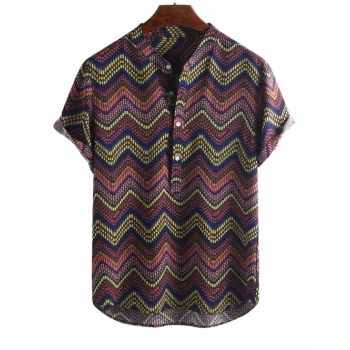 ZAFUL Men's Vintage Wave Graphic Tribal Print Half Button Short Sleeve Shirt 2xl Multi b