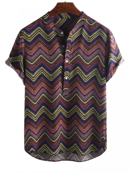 ZAFUL Men's Vintage Wave Graphic Tribal Print Half Button Short Sleeve Shirt 2xl Multi b