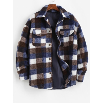 ZAFUL Men's Plaid Pocket Button Up Teddy Fluffy Fleece Shirt Jacket M Peacock blue