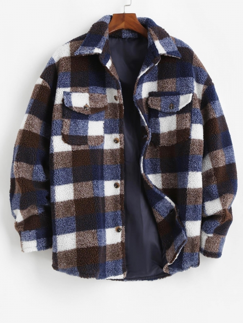 ZAFUL Men's Plaid Pocket Button Up Teddy Fluffy Fleece Shirt Jacket M Peacock blue