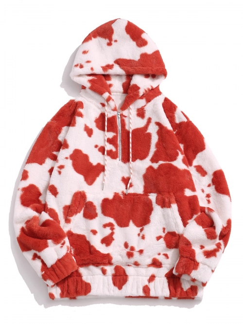 ZAFUL Men's Cow Pattern Fluffy Fleece Half Zipper Hoodie 2xl Red