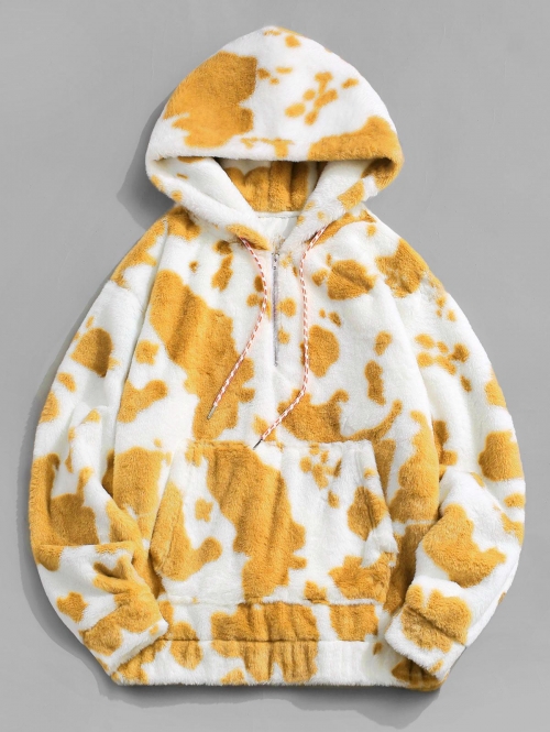 ZAFUL Men's Cow Pattern Fluffy Fleece Half Zipper Hoodie S Yellow