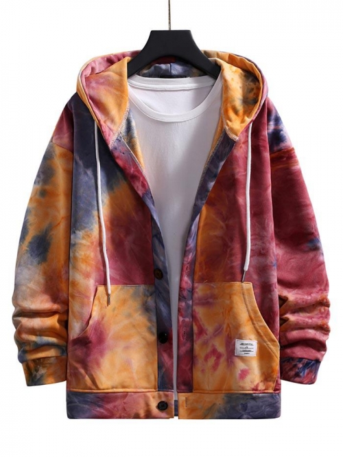 ZAFUL Men's Tie Dye Drop Shoulder Hooded Jacket 4xl Red