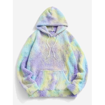 ZAFUL Men's Tie Dye Front Pocket Fluffy Fleece Teddy Hoodie L Light yellow