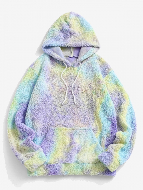 ZAFUL Men's Tie Dye Front Pocket Fluffy Fleece Teddy Hoodie L Light yellow