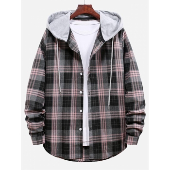 ZAFUL Men's Plaid Pattern Color Blocking Hooded Shirt Xl Smokey gray