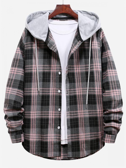 ZAFUL Men's Plaid Pattern Color Blocking Hooded Shirt Xl Smokey gray