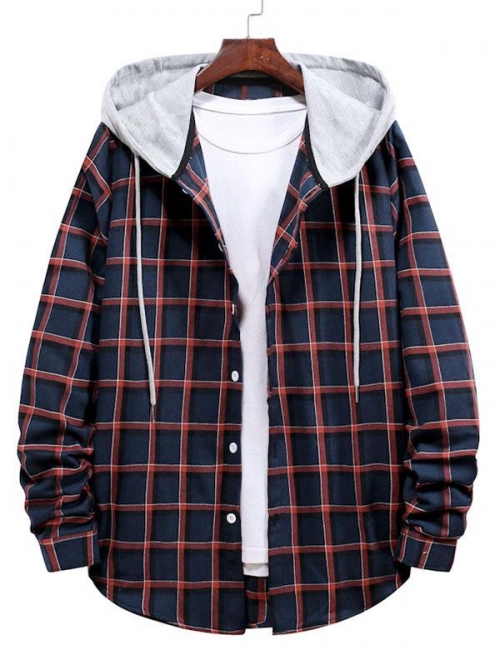 ZAFUL Men's Long Sleeve Plaid Pattern Hooded Shirt 2xl Lava red