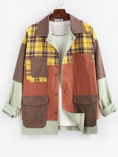 ZAFUL Men's ZAFUL Plaid Pocket Patchwork Colorblock Panel Shirt Jacket S