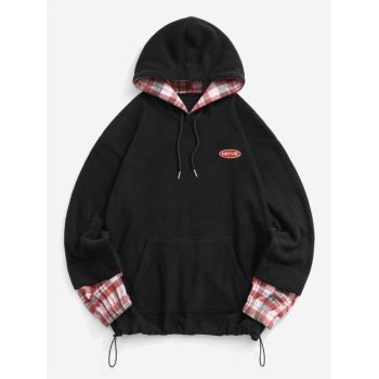 ZAFUL Men's Letter Embroidered Plaid Pattern Fleece Hoodie M Black