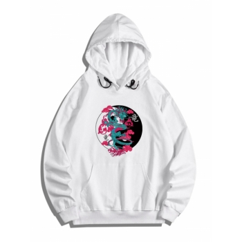 ZAFUL Men's Kangaroo Pocket Dragon Print Fleece Graphic Hoodie S White