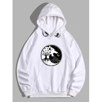 ZAFUL Men's Tree Wolf Print Front Pocket Fleece Hoodie M White