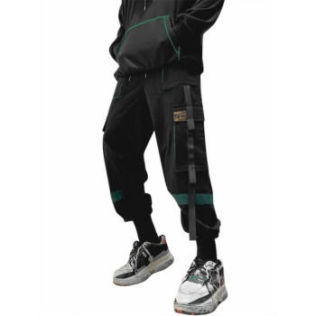 ZAFUL Men's Streetwear Drawstring Applique Detail Contrast Cargo Techwear Pants M Deep green