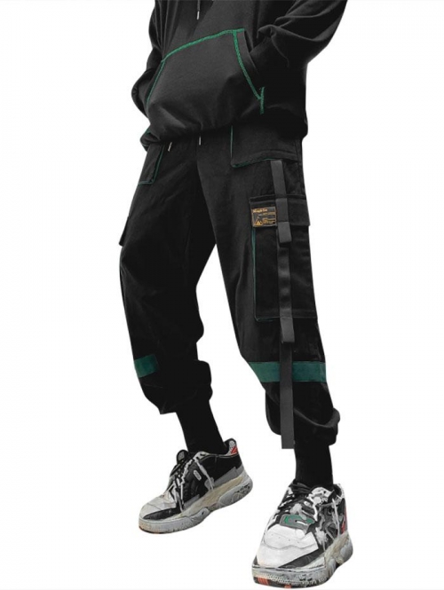 ZAFUL Men's Streetwear Drawstring Applique Detail Contrast Cargo Techwear Pants M Deep green