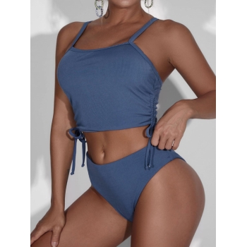 Fashion Women Tankinis ZAFUL Ribbed Cinched Ruched Racerback Tankini Swimwear Xl Deep blue