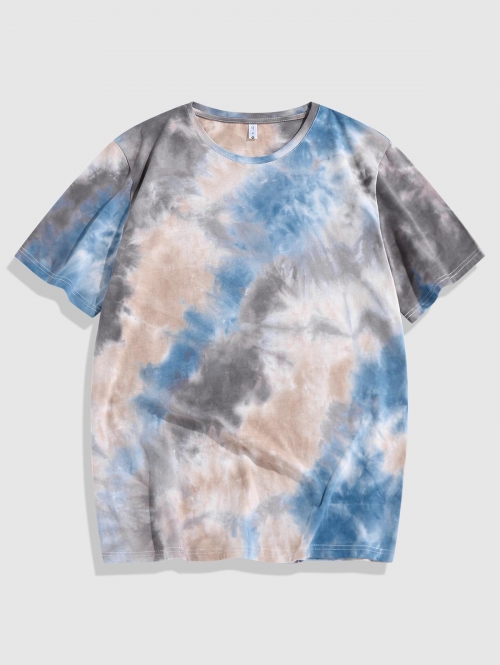 ZAFUL Rose Flower Embroidered Tie Dye Print T-shirt S Light blue