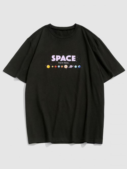 ZAFUL Space Planets Print T-shirt S Black