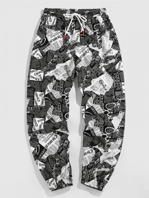 ZAFUL Men's ZAFUL Y2K Aesthetic Newspaper Patchwork Print Sports Pants Xl Black