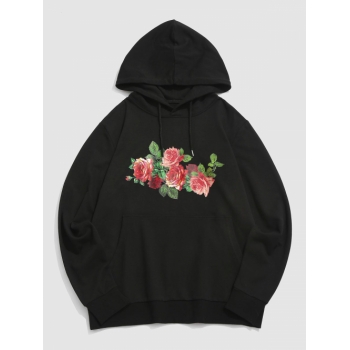 ZAFUL Men's ZAFUL Streetwear Rose Flowers Print Front Pocket Graphic Hoodie L Black