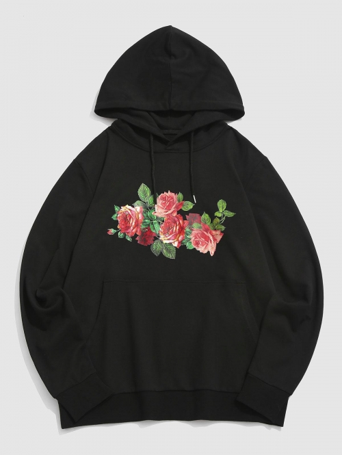 ZAFUL Men's ZAFUL Streetwear Rose Flowers Print Front Pocket Graphic Hoodie L Black