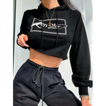 Women Hoodies Skeleton Hand Drawstring Crop Hoodie L Black