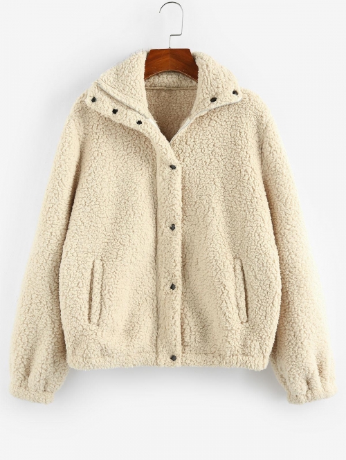 ZAFUL Plain Pocket Teddy Coat L Light coffee