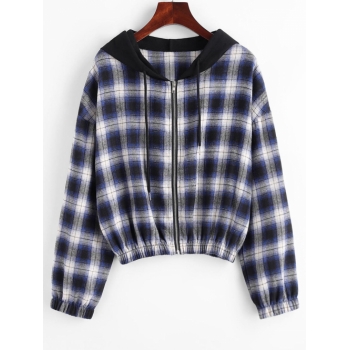 Plaid Hooded Zip Drop Shoulder Jacket M Deep blue