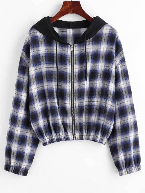 Plaid Hooded Zip Drop Shoulder Jacket M Deep blue